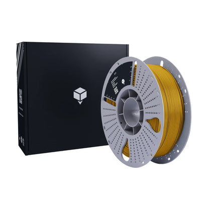 Gold PLA 3D printing filament spool 1.75mm Australia, with Blue Ember packaging.