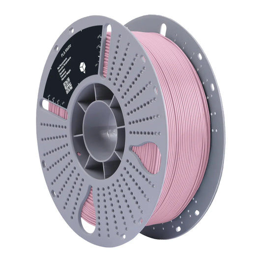 Spool of pink filament on a grey spool with visible brand name.